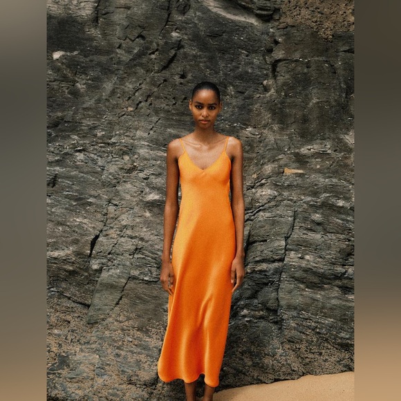 Zara dress maxi midi hot orange satin effect wedding party cocktail - Picture 12 of 16